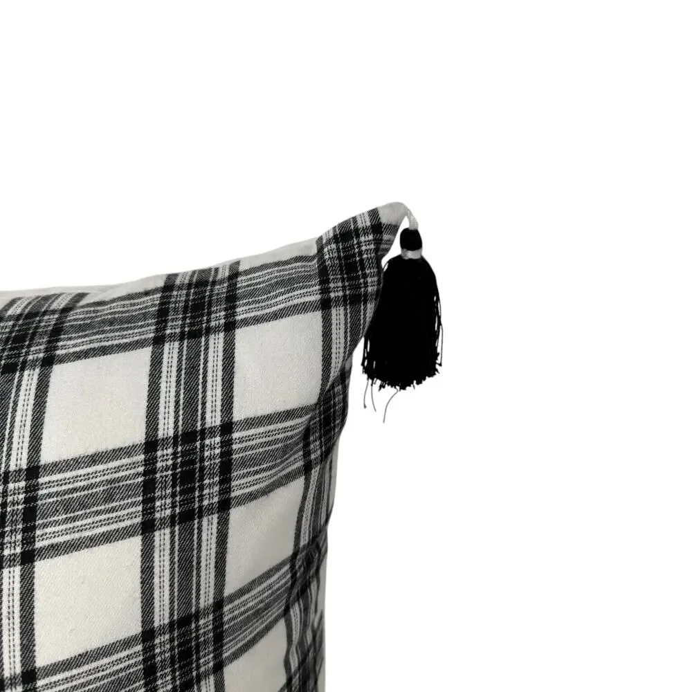 Rae Dunn BLESSED Throw Pillow Black White Plaid Tassel Farmhouse Accent Cushion